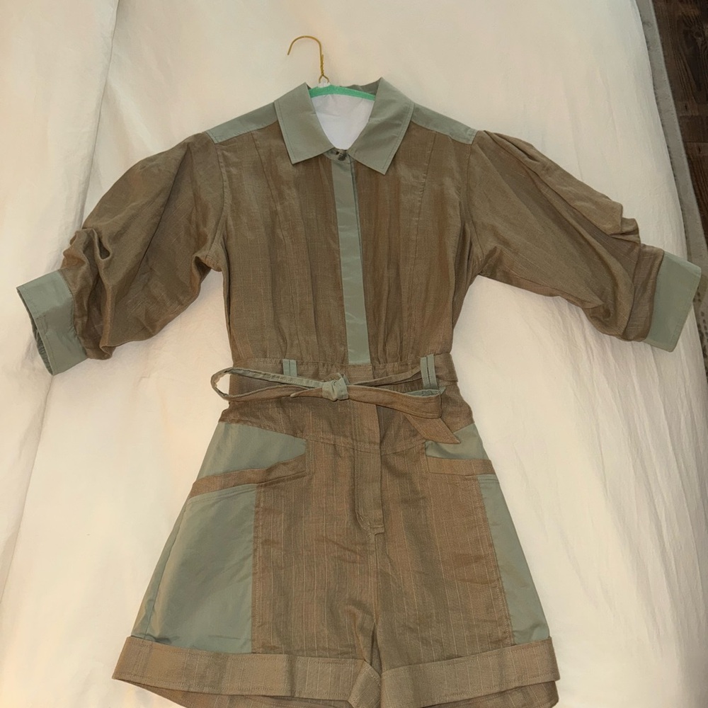 Brown and Green Jonathan Simkhai Romper with Belt